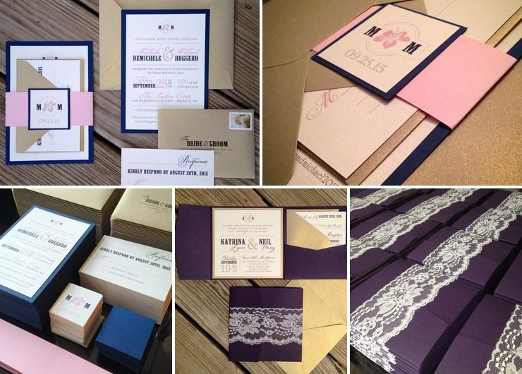 Dark purple and gold pocket wedding invitations