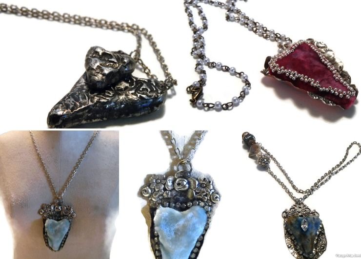 Primitive Blue Velvet Heart Pendent Necklace