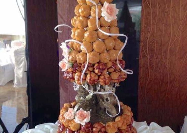 Richard + Desiree's Croquembouche on Carrot Cake with Cream Cheese Frosting