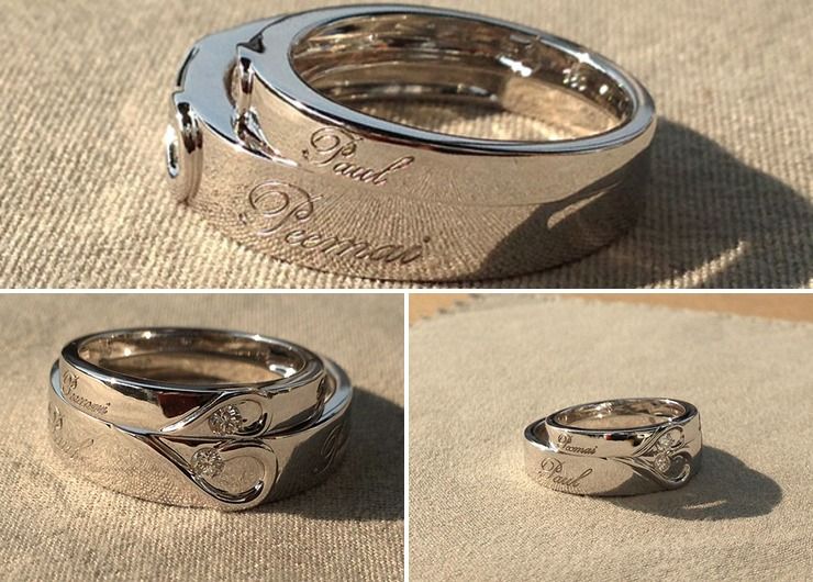 ustom made & sold - Couple's (His/Her) matching Heart Shape Wedding Bands with personal names laser 