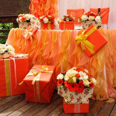 Autumn orange wedding reception decor