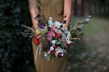Rustic red rose wedding bouquet