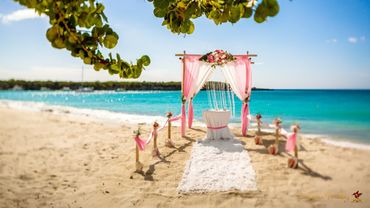 Beach pink wedding ceremony decor