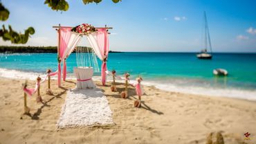 Beach pink wedding ceremony decor