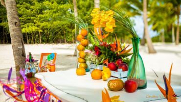 Beach orange wedding photo session decor