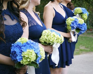 Outdoor blue hydrangea wedding bouquet
