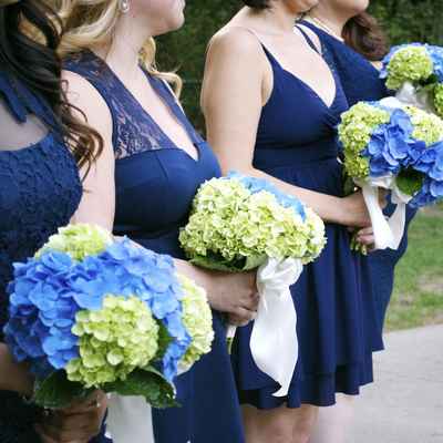 Outdoor blue hydrangea wedding bouquet