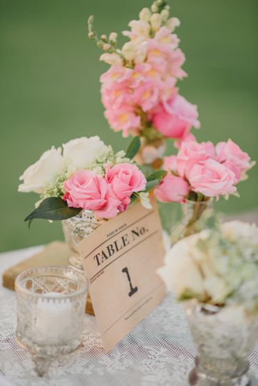 Outdoor pink wedding floral decor