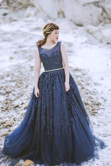 Outdoor winter blue long wedding dresses