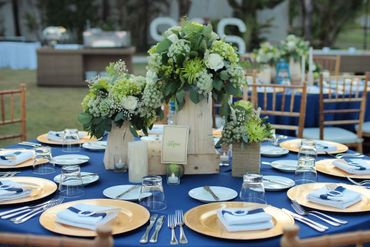 Outdoor blue wedding reception decor