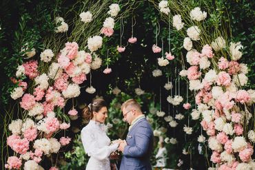 Pink outdoor wedding ceremony decor