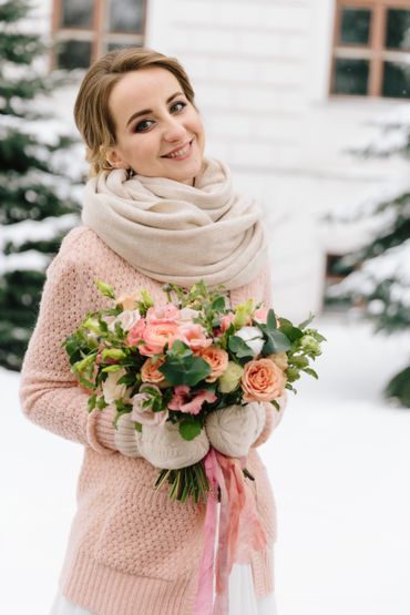 Winter pink outdoor rose wedding bouquet