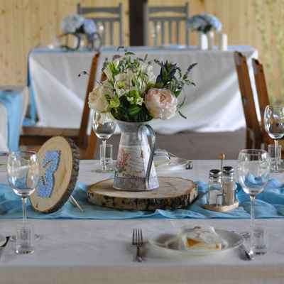 Rustic blue wedding reception decor