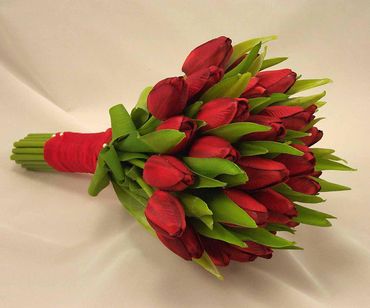 Spring red tulip wedding bouquet